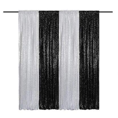 Sequin Backdrop Curtains 2FTx8FT 4 Panels Glitter Drapes Sparkly Photography Background for Wedding Birthday Party Bridal Baby Shower (Silver x 2+Black x 2) - color: Silver and Black, size: 2FTx8FT-4PCS