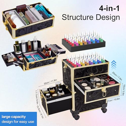 Somduy Rolling Makeup Case with Drawer, Makeup Train Case, 4 in 1Cosmetology Case on Wheels, Christmas Gift, Large Makeup Organizers, Profesional Cosmetic Case for Salon Barber, Pattern Black Gold - color: Black Gold