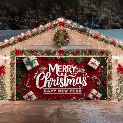HOMETITUTE Christmas Garage Door Cover 13x6ft Merry Christmas Happy New Year Lettering Holiday Banner Red Green Gift Boxes Candy Canes Winter Backdrop Seasonal Wall Display Outdoor Indoor Party - color: Garage Banner#9
