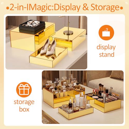 3 Pack Extra Large Acrylic Buffet Risers - 14”, 12”, 10” Gold Display Stands with Hollow Bottoms, Cube Riser Boxes Nesting for Dessert Food Catering Buffet Display Party Supplies - color: Gold, size: 14”,12”,10”