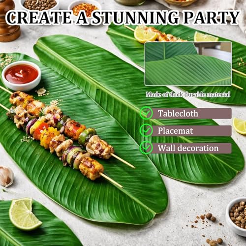 15PCS Banana Leaves, Banana Leaf Plates and Bananas Leaf, Tropical Style Artificial Leafs Plates for Event Decor, Table Setting, Party Backdrop or Photo Prop