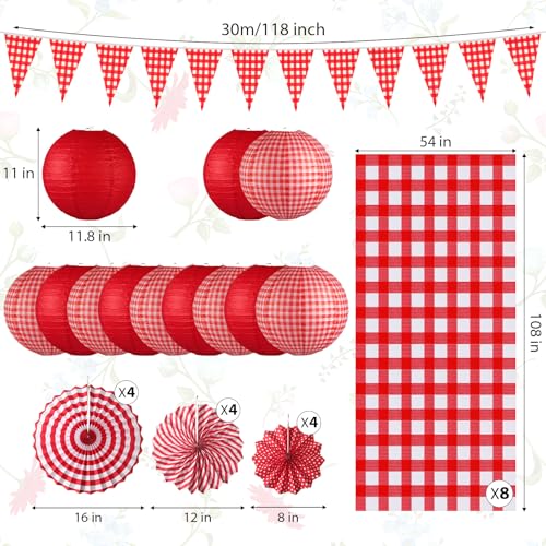Moukeren 33 Pcs Picnic Party Decorations Set Paper Lanterns Red and White Checkered Gingham Pennant Banner with Hanging Paper Fans Tablecloth for Carnival Picnic BBQ Party Supplies