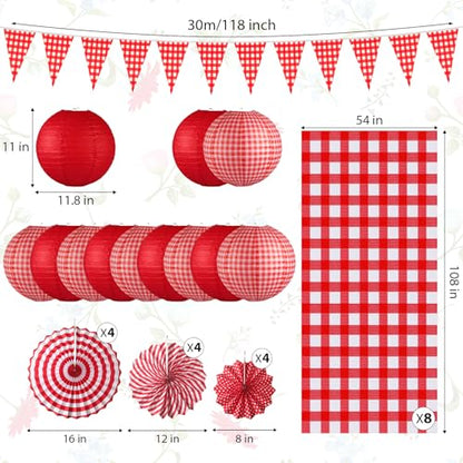 Moukeren 33 Pcs Picnic Party Decorations Set Paper Lanterns Red and White Checkered Gingham Pennant Banner with Hanging Paper Fans Tablecloth for Carnival Picnic BBQ Party Supplies