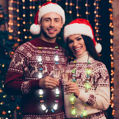 EOBOH Christmas Necklace, 4Pcs Light Up Christmas Necklace, Glowing Bulb Xmas Tree Santa Candy Cane Necklaces, 3 Modes Colorful Xmas Party Favors, Ugly Xmas New Year Eve Party Supplies Accessories