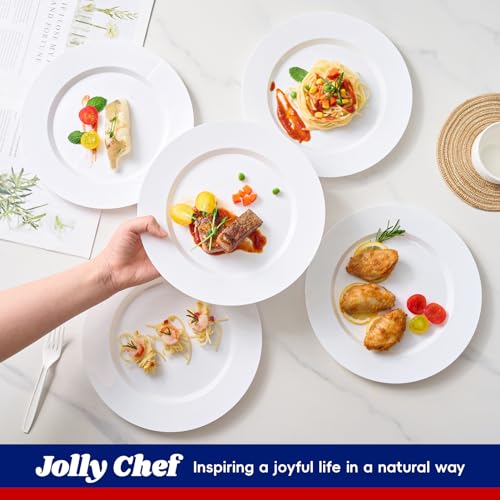 JOLLY CHEF 100 Pieces White Plastic Plates-10 Inch Elegant Disposable Plastic Plate, Disposable White for Weddings,Parties,Christmas,Birthdays and Events - style: White-100