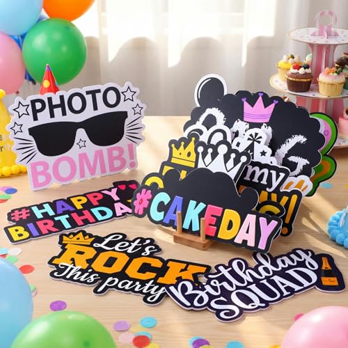 Beeveer 24 Pcs Birthday Photo Booth Props Single Sided 9" Photo Booth Props Birthday Parties Decorations Set DIY Water Proof Selfie Signs PVC Printing for Party Businesses - style: Birthday