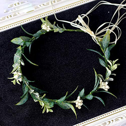 DDazzling Green Leaf Floral Crown Eucalyptus Flower Women Girls Headband Flower Headpiece Bridal Halo Photo Prop (Green) - color: Green