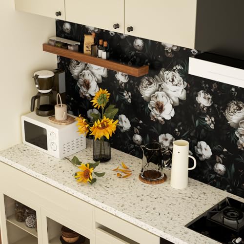 Laatse Dark Floral Wallpapr Peel and Stick Boho Wallpaper 17.5in x 118in Black Contact Paper Waterproof Self Adhesive Vintage Large Floral Wall Paper for Bedroom Walls Cabinet Decor - color: Black/White, size: 17.5" x 118"