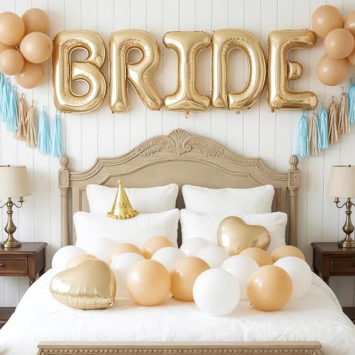 40inch Champagne Gold BRIDE Letter Balloons, Giant Light Gold Bride Foil Helium Balloon Banner with Heart Balloon for Bride to Be Wedding Engagement Bridal Shower Gold Bachelorette Party Decoration - color: Light Gold