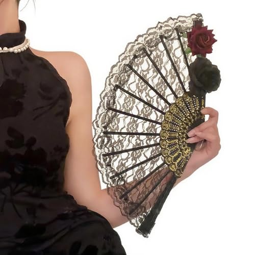 Halloween Black Lace Rose Hand Fan – Vintage Folding Fan for Women Girls – Cosplay Costume, Party Props, Dance, Photo Shoots & Decorative Gift