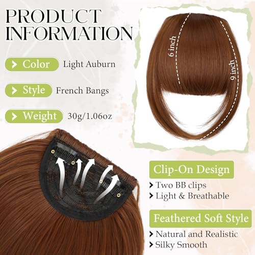 Bangs Hair Clip in Bangs, French Light Auburn Fake Bangs Hair Clip on Bangs for Women Fringe with Temples Hairpieces Faux Bangs for Daily Wear - color: Light Auburn
