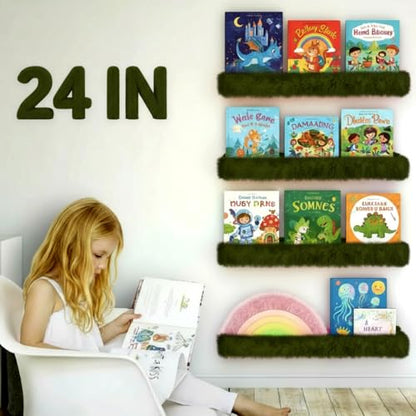 1PC Plush Bookshelf for Kids, Soft Hanging Book Display Shelf for Nursery Wall, Easy Mount Floating Bookshelf Display Organizer, Unique (Green) - color: 24in-furry Green