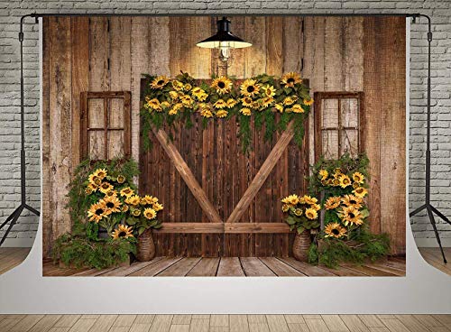 Kate 6.5x6.5ft Spring Sunflowers Photography Backdrops Vintage Wood Wall Wooden Door Photo Background Studio Children Baby Shower Backgrounds Props - size: 6.5x6.5ft
