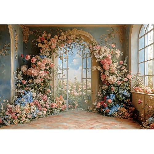 5x3ft Flower Wall Backdrop Photography European Style Oil Painting Floral Wedding Background Women Girls Lady Birthday Party Decorations Wedding Bridal Shower Banner Supplies Props Video - color: pink and blue, size: 5x3ft