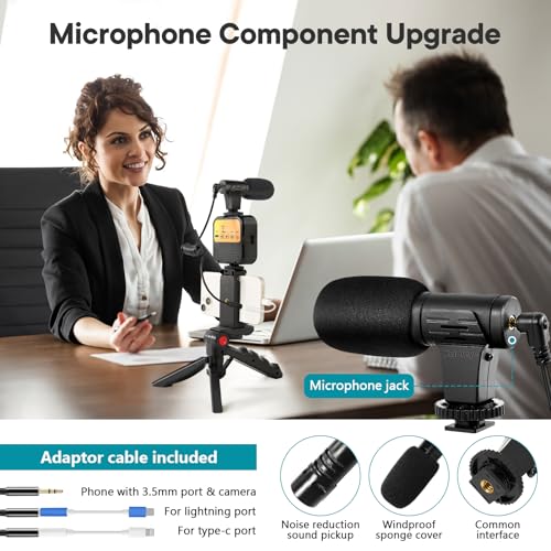 Vlogging Kit for iPhone, Android (with Tripod), with Mini LED Video Light + Cardioid Microphone + Phone Clip + Tripod for Video Calling, Vlogging, YouTube, Instagram, TikTok