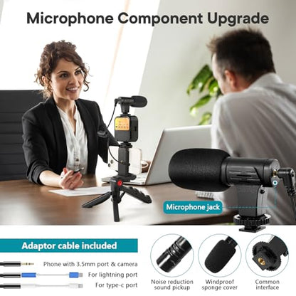 Vlogging Kit for iPhone, Android (with Tripod), with Mini LED Video Light + Cardioid Microphone + Phone Clip + Tripod for Video Calling, Vlogging, YouTube, Instagram, TikTok