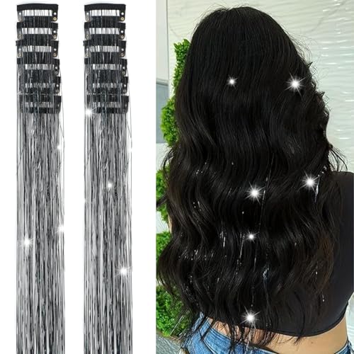 Hair Tinsel Clip in 12 Pcs Glitter Tinsel Hair Extensions 20 Inch Fairy Hair Clip in Hair Tinsel Heat Resistant Sparkly Hair Accessories for Girls Women Kids (Black) - color: Black