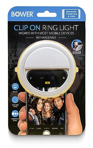 Bower Clip On Ring Light for Phone | 36 LED Ultra Wide Range Rechargeable Selfie Light with 3 Brightness Levels - Great for Selfie Photos, Vlogging, Make-Up, Dark Scenery, and More.