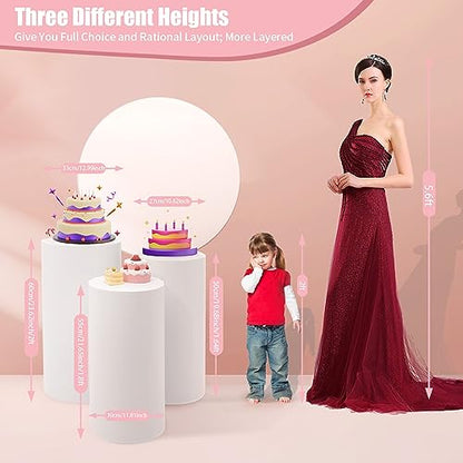 3 Pcs Cylinder Pedestal Stands for Party, Large White Round Cake Pedestal Stand, Display Plinth Pillars for Wedding Ceremony Birthday Party Art Decor 23.6''(L), 21.6''(M), 19.6''(S)