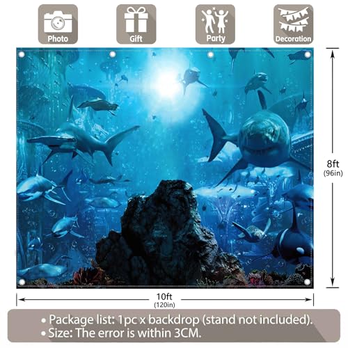 Fabric 10x8ft Shark Theme Photography Backdrop Underwater Deep Ocean Animals Fish Background Aquarium Kids Party Decorations Photo Banner Props - size: 10'x8'