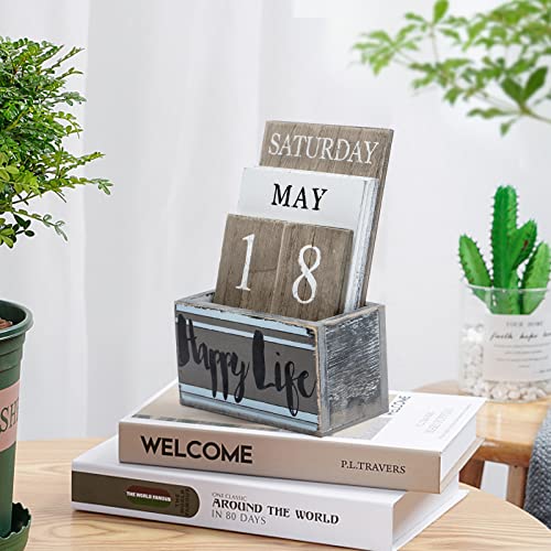 Notakia Perpetual Calendar Wooden Calendar Blocks Vintage Wood Block Calendar for Home Office Desk Accessories Week Month Date Display (Happy Life) - color: Happy Life