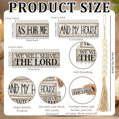 Yuntau 4 Pcs Farmhouse Bible Verse Decor Farmhouse Tiered Tray Decor Rustic Retro Wood Bead Garlands for Me and My House We Will Serve the Lord Block Christian Jesus Sign for Home Shelf Mantel - style: Bible Verse