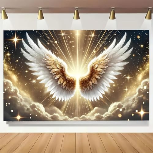 Gold Big Angel Wings Backdrop Fantasy Sky White Cloud Holy Heaven Sent Baby Shower Decorations for Adult Birthday Wedding Party Decoration Boy Girl Artistic Portrait Photo Studio Props (B, 8X6FT) - color: B, size: 8X6FT