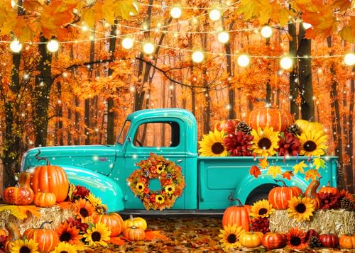 7x5 FT Fall Forest Blue Truck Backdrop Autumn Forest Pumpkin Maple Leaf Sunflower Harvest Theme Photography Background Thanksgiving Party Decorations Banner Portrait Photo Studio Props, Clear - size: 7x5 Ft