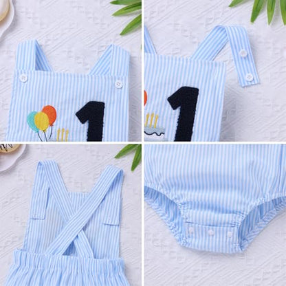 IMEKIS Baby Girls Boys Boho 1st Birthday Outfit Backless Overalls Romper for Cake Smash Photo Shoot - color: Blue Striped 1, size: 12-18 Months