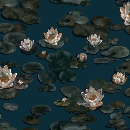 Vinjiasin Dark Blue Floral Peel and Stick Wallpaper Vintage Navy Blue/Green Flower Contact Paper Lotus Removable Oil Painting Wallpaper for Bathroom Bedroom Art Deco Vinyl Roll 17.3''×197'' - color: Dark Blue and Green, size: 17.3" x 197"