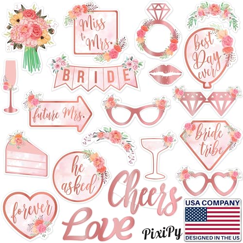 Photo Booth Props for Bridal Shower - 20 Pink Romance Pieces - Party Decorations - Durable Photobooth Props & Signs for Bachelorette Parties, Wedding Showers & Engagement Celebrations - by PixiPy - color: Pink Romance