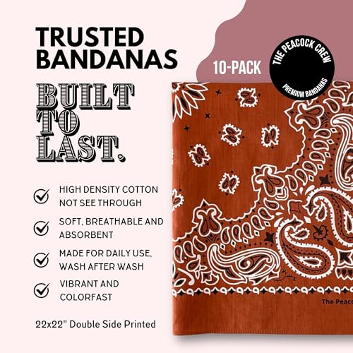 The Peacock Crew Premium Soft Cotton Bandanas Pack for Men and Women Paisley 22 x 22 inches - color: Pack of 10 Terracotta