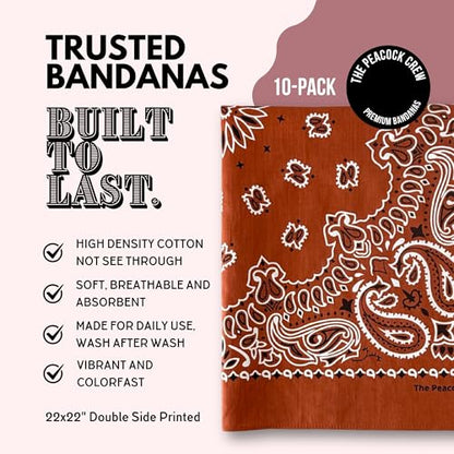 The Peacock Crew Premium Soft Cotton Bandanas Pack for Men and Women Paisley 22 x 22 inches - color: Pack of 10 Terracotta
