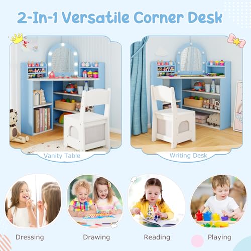 Costzon Kids Vanity with Lights, Corner Vanity Desk with Mirror, Storage Shelves, Wooden Princess Toddler Makeup Dressing Table, Kids Vanity Table and Chair Set for Little Girls (Blue) - style: Blue with Corner Design