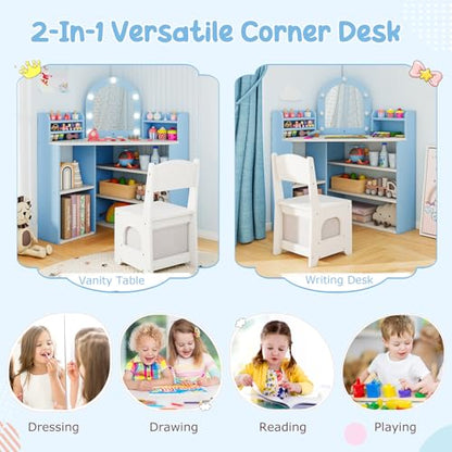 Costzon Kids Vanity with Lights, Corner Vanity Desk with Mirror, Storage Shelves, Wooden Princess Toddler Makeup Dressing Table, Kids Vanity Table and Chair Set for Little Girls (Blue) - style: Blue with Corner Design