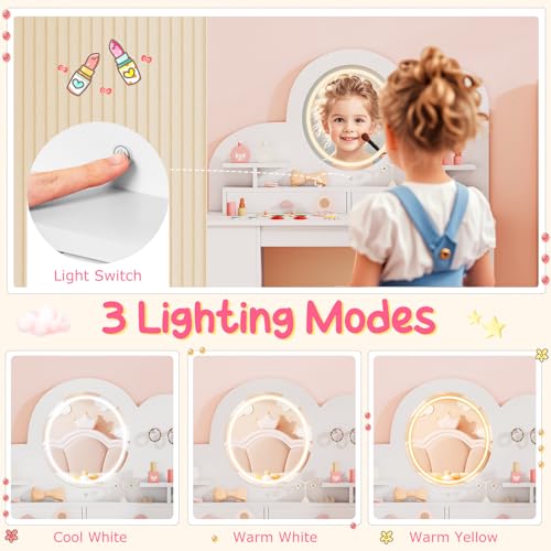 Costzon Kids Vanity, Girls Vanity Set with Lighted Mirror, Bookshelf, Drawers, Hooks & Storage Shelves, Toddler Makeup Vanity Desk Dressing Table, Wooden Kids Vanity Table and Chair Set (White) - style: White with Bookshelf