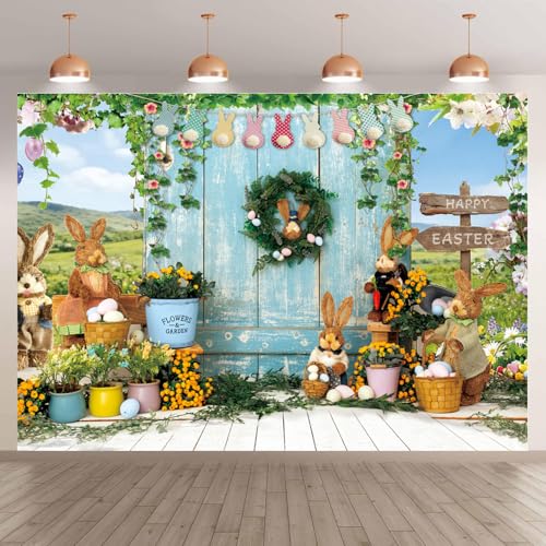 ChromaVerse 7X5FT Easter Photography Backdrop, Spring Bunny Theme with Rustic Wood Door, Flowers and Happy Easter Decoration CV-200 - size: 7X5FT