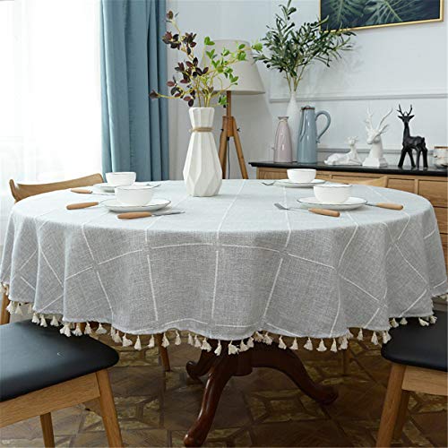 Round Tassel Plaid Tablecloth, Heavy Weight Cotton Linen Fabric Table Cover for Kitchen Dining Tabletop Decoration, Grey, 70" Round - color: Grey, size: 70" (Round)