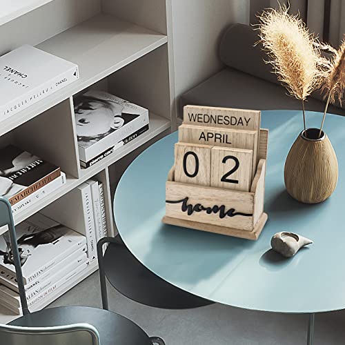 Notakia Perpetual Calendar Wooden Calendar Blocks Vintage Wood Block Calendar for Home Office Desk Accessories Week Month Date Display (Wood Color Home) - color: Wood Home Calendar