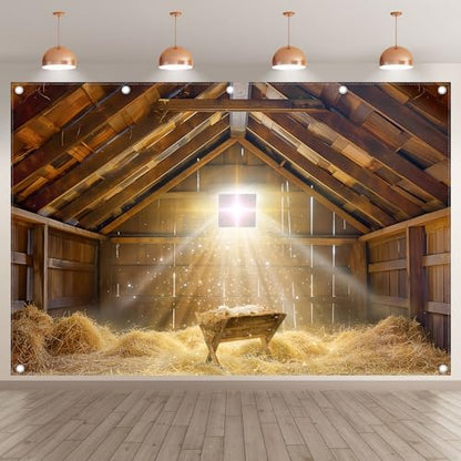 12x8ft Fabric Christmas Manger Scene Backdrop Birth of Jesus Nativity Holy Family Photography Background Barn Stable Christian Party Decor Photo Props - size: 12'x8'