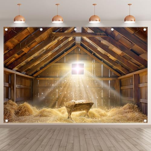 12x8ft Fabric Christmas Manger Scene Backdrop Birth of Jesus Nativity Holy Family Photography Background Barn Stable Christian Party Decor Photo Props - size: 12'x8'