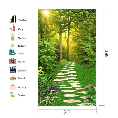 Spring Scenery Backdrop 3x5ft Forest Path Sunshine Flower Photography Background Natural Scenery Photo Shoot Props Portrait Pet Photo Photography Backdrop - size: 3x5ft