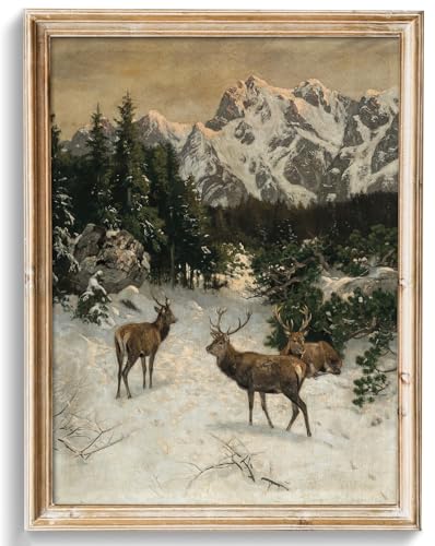 uniro Vintage Wall Art Prints - Vintage Christmas Print Winter Landscape Oil Painting, Rustic Deer Mountain Christmas Picture Wall Decor, Retro Muted Snowy Landscape Holiday Wall Decor, Xmas Decor for Bedroom Bathroom Living Room Christmas Holiday Decor(8