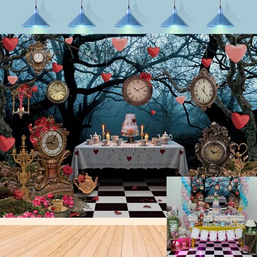 Wonderland Enchanted Forest Backdrop Rose Floral Pocket Watch Cake Table Checkerboard Tea Party Photography Background Kids Adult Birthday Baby Shower Halloween Party Decor Banner Photo Props (8x6FT)