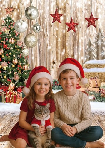 6x8Ft Christmas Backdrops for Photography Winter Snow Backdrop Rustic Wood Floor Backdrop Xmas Tree Gift Christmas Family Party Background - size: 6x8ft