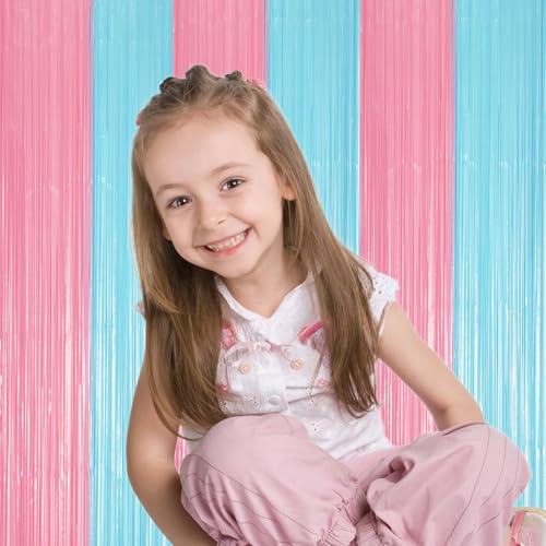 Voircoloria 2 Pack Pastel Blue and Pink Foil Fringe Backdrop Curtains, Tinsel Streamers Party Decorations, Fringe Backdrop for Gender Reavel, Baby Shower Party - color: 36 Pastel Pink and Blue
