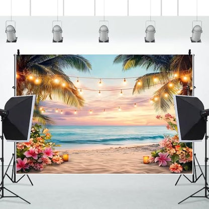 Yeele 15x10ft Sea Beach Backdrop for Photography Summer Tropical Floral Palm Trees Ocean Wave Sunset Sea Scenic Background for Hawaii Holiday Travel Kids Adults Family Portrait Photo Shoot Props - size: 15x10ft