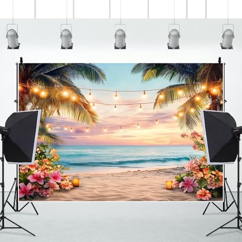 Yeele 5x3ft Sea Beach Backdrop for Photography Summer Tropical Floral Palm Trees Ocean Wave Sunset Sea Scenic Background for Hawaii Holiday Travel Kids Adults Family Portrait Photo Shoot Props - size: 5x3ft