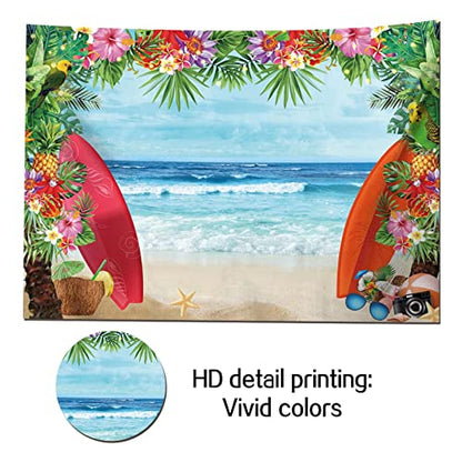 HQM 7x5FT Fabric Summer Tropical Beach Photo Background Beach Conch Hawaii Blue Sea Flower Children Birthday Luau Party Photography Backdrop Kids Baby Shower Cake Table Decor Supplies - size: 7x5 FT