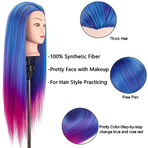 Beauty Star 29 Inches 100% Synthetic Fiber Hair Training Head Cosmetology Hairdressing Mannequin Manikin Doll Head with Table Clamp Holder & DIY Hair Braid Set - color: Blue & Purple